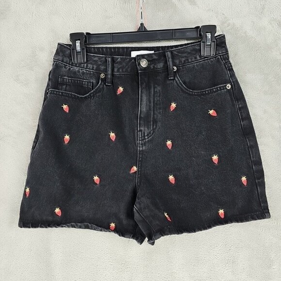 FOREVER 21 Mom Shorts Womens Size S Black Embroidered Strawberries High Rise - Picture 1 of 10